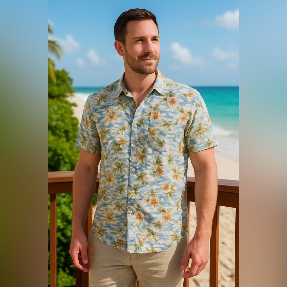 Jam Session XL Slim Fit Shirt Blue Floral Hawaiian Button Up Tropical Resort